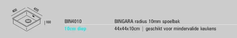 ABK Bingara sekély, mozgássérültek számára alkalmas rozsdamentes acél mosogató 10 cm mély, 40x40 cm, síkbeépítésű, alsó beépítésű és felső beépítésű BIN4010FVI