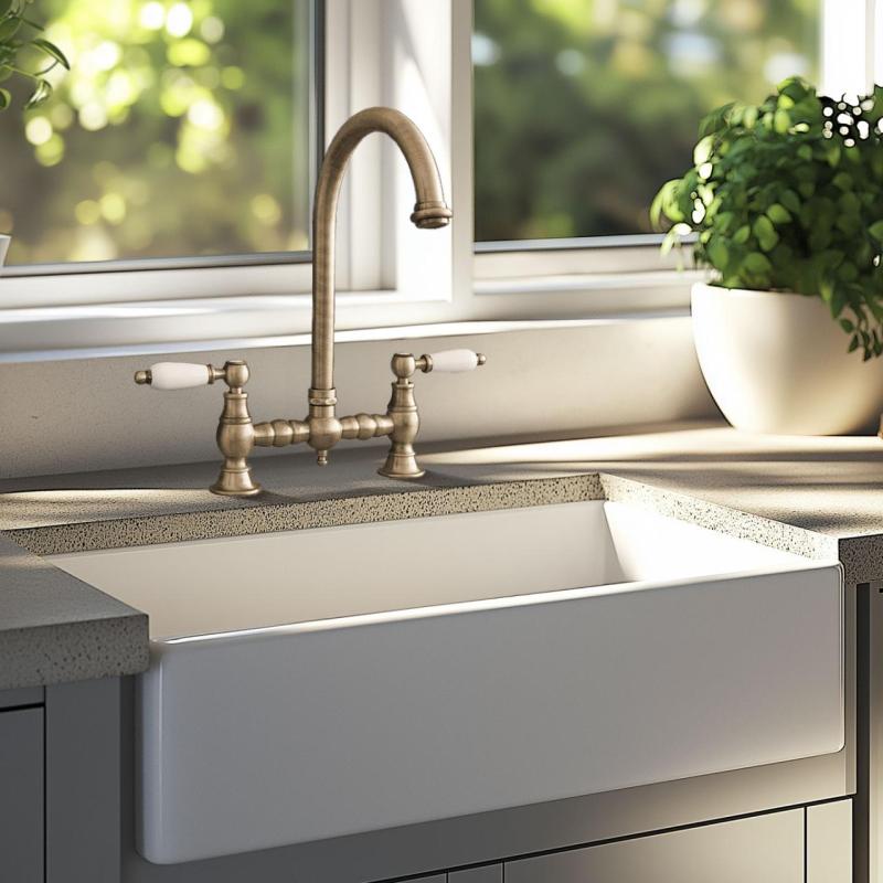 PB Nosztalgikus Hídkonyhai Csap Bronz kerek kifolyóval és fehér fogantyúkkal PBN.BRO.R.WH