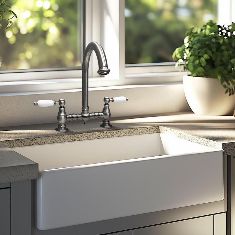 PB Nostalgikus Hídkonyhai Csaptelep Rozsdamentes Acél Kerek Kifolyóval és Fehér Fogantyúkkal PBN.RVS.R.WH