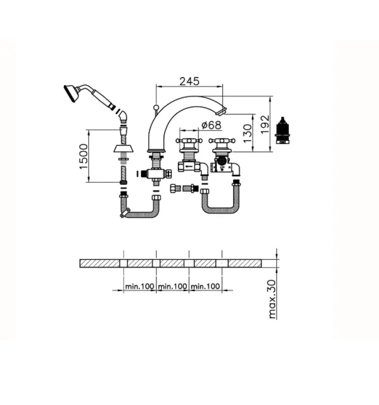 Huber Victoria 4-lyukú termosztatikus kádcsaptelep zuhanyszettel, bronz VTT7601027