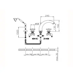 Huber Victorian 4 lyukas fürdőcsaptelep zuhanykészlettel RVS VT0002602A
