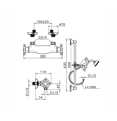 Huber Victoria Thermosztatikus Zuhanycsaptelep csúszó rúdszettel RVS VTS010102A