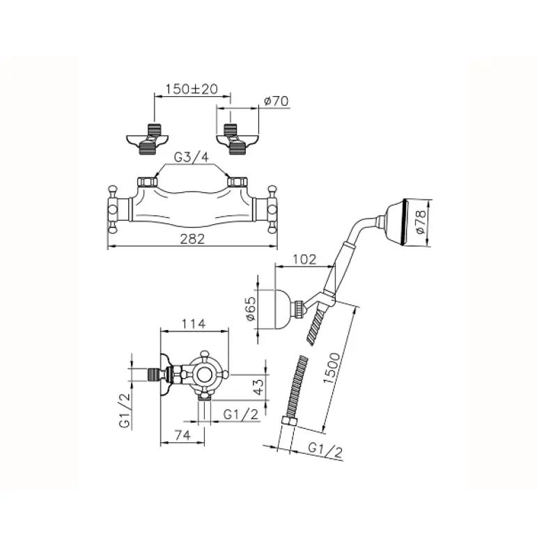 Huber Victorian Thermosztatikus Zuhanycsaptelep kézi zuhanyzóval Króm VTD0101021