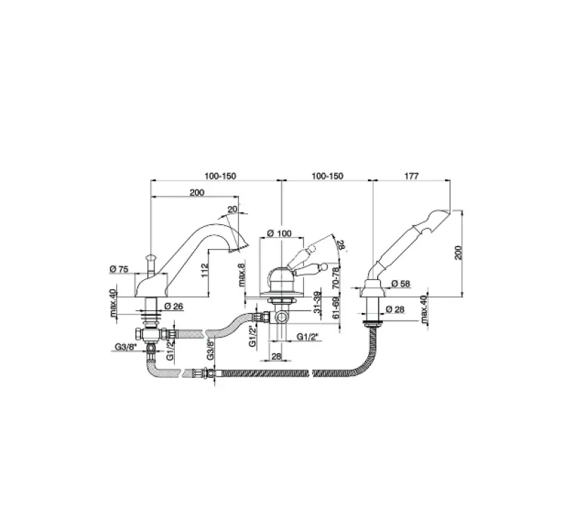"Cisal Arcana Empress 3-lyukú fürdőszobai csaptelep kézi zuhannyal Réz EM00126026"