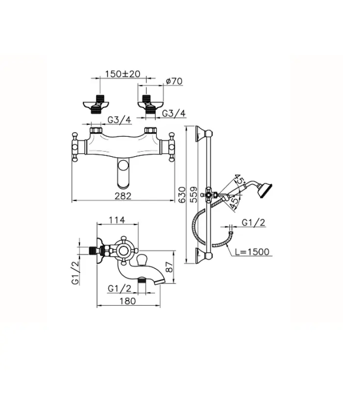 Huber Victorian Termosztatikus Kádtöltő Csaptelep Zuhanyszettel Króm VTS2701021