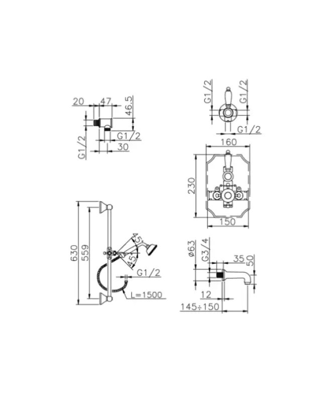 Huber Victorian Thermosztatikus Beépített Fürdő-Zuhanyszett Bronz 914.VT01H.BA