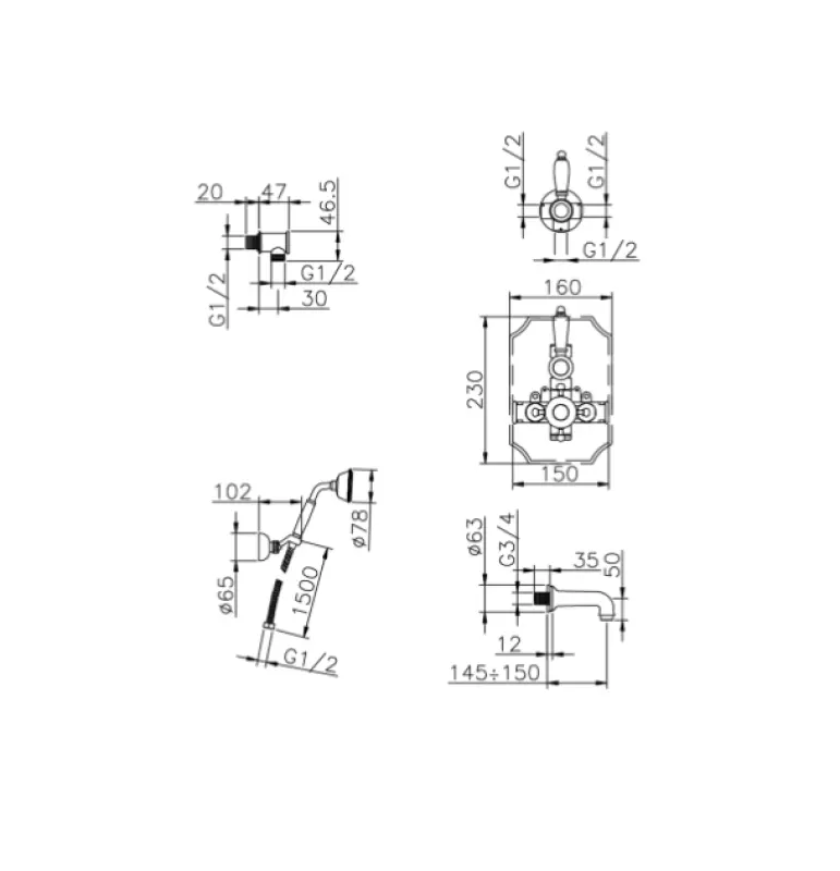 Huber Victorian Beépített Termosztátos Kád-Zuhany Készlet Króm 915.VT01H.CR