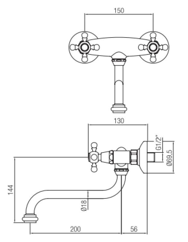PB Nostalgikus konyhai csaptelep Classic C fali csaptelep rozsdamentes acél 10.2722