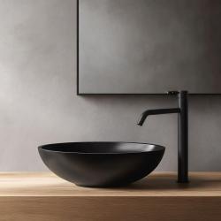 Waterevolution Flow hoge wastafelkraan voor waskommen inclusief click waste mat zwart T115PR