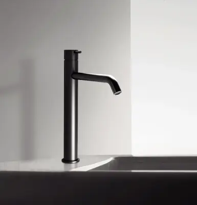 Waterevolution Flow hoge wastafelkraan voor waskommen inclusief click waste mat zwart T115PR