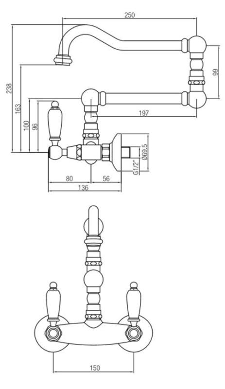 PB klasszikus csaptelep Fali szerelésű csap Fehér fogantyúk Extra hosszú forgatható kifolyó RVS 1208854252