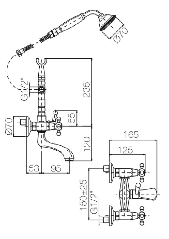 PB klasszikus csaptelep, felépített kádcsaptelep erős gombokkal, króm, kézi zuhannyal 1208855152