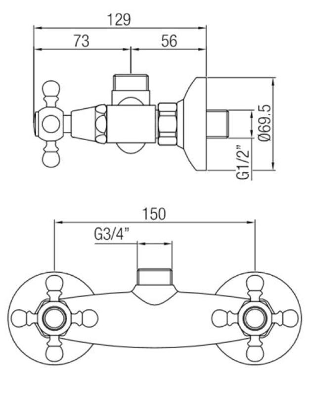 PB klasszikus csaptelep fali zuhany keverőcsap csillag alakú fogantyúkkal, rozsdamentes acél felső csatlakozással 1208855322