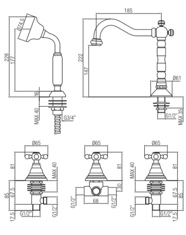 PB klasszikus 5-lyukú fürdőszélcsaptelep csillag alakú fogantyúkkal bronz 1208855782