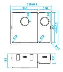 Caressi 1,5 rvs spoelbak CA3415R10 B34+B15xL40xD18,5cm beépíthető, ráépíthető vagy síkba építhető 1208921375