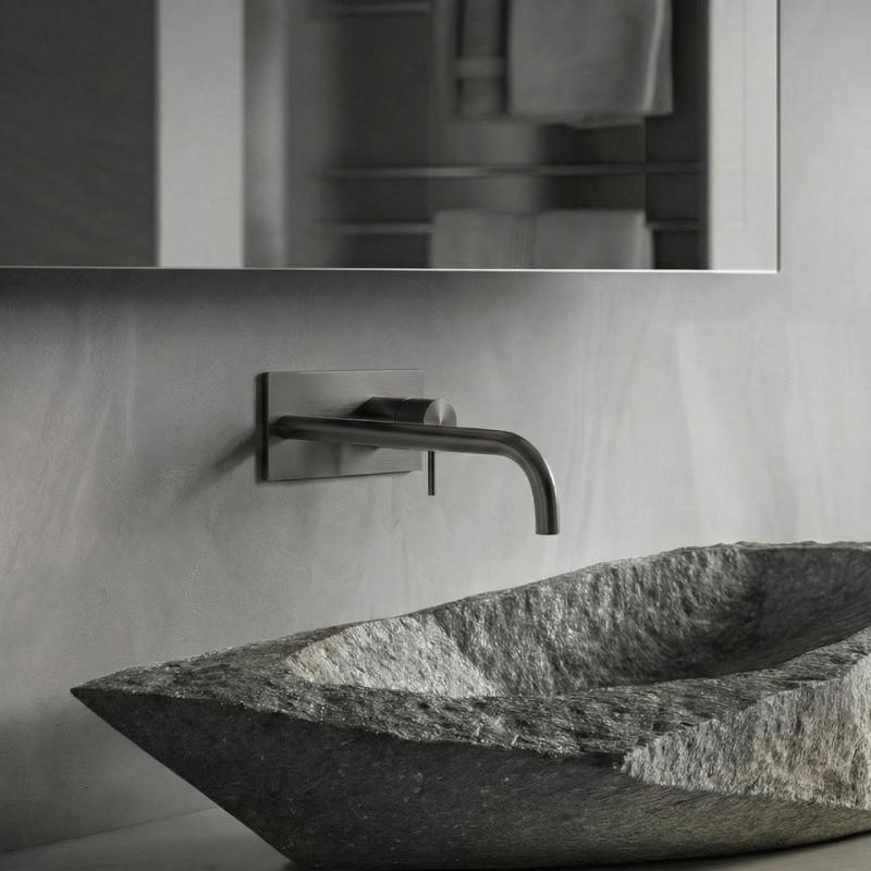 Waterevolution Flow ingebouwde wastafelkraan met afdekplaat PVD Gun Metal met uitloop 25cm T1161GME-25