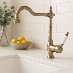 PB nosztalgikus egykaros konyhai csaptelep, fehér fogantyúval, rozsdamentes acél 1208952878