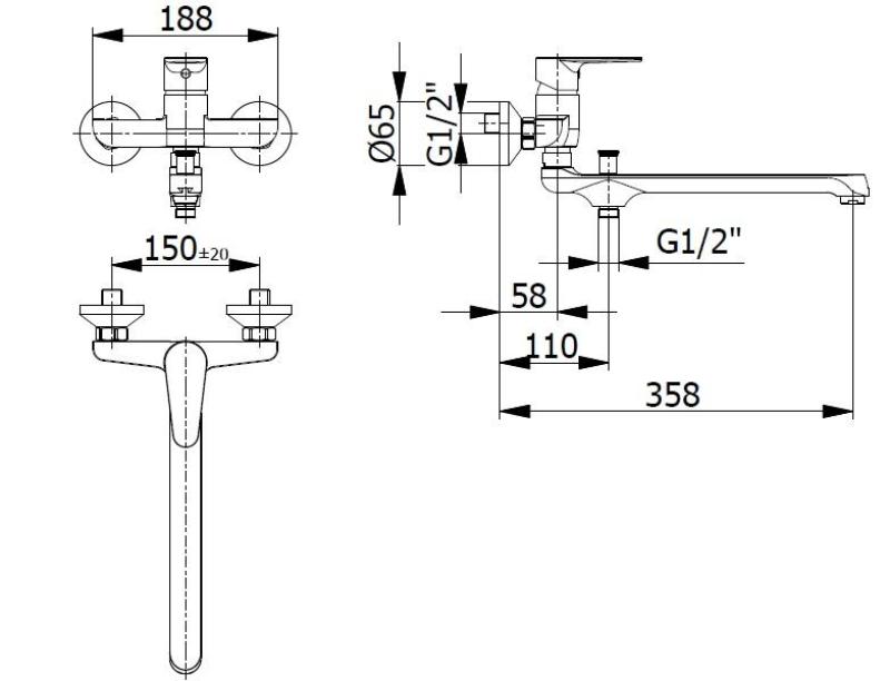 Blusani speciale wandkraan muurkraan chroom met lange uitloop 35cm en handdouche  1208952919