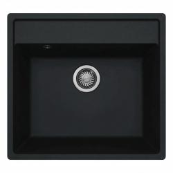 GraniteMy Bremen gránit mosogató 53x50 cm fekete, felülről beépíthető, alulról beépíthető és munkalapszintbe építhető, csaptelep paddal ROZSDAMENTES ACÉL DUGÓVAL