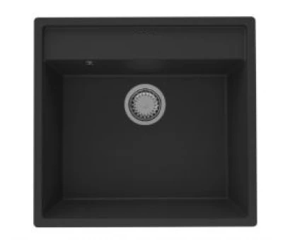 GraniteMy Bremen gránit mosogató 53x50 cm fekete, felülről beépíthető, alulról beépíthető és munkalapszintbe építhető, csaptelep paddal ROZSDAMENTES ACÉL DUGÓVAL