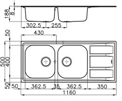 Foster Marine RVS 316 Kétmedencés Mosogató Megfordítható Csepegtetőrésszel 116x50 cm Pultba Építhető 1208953556