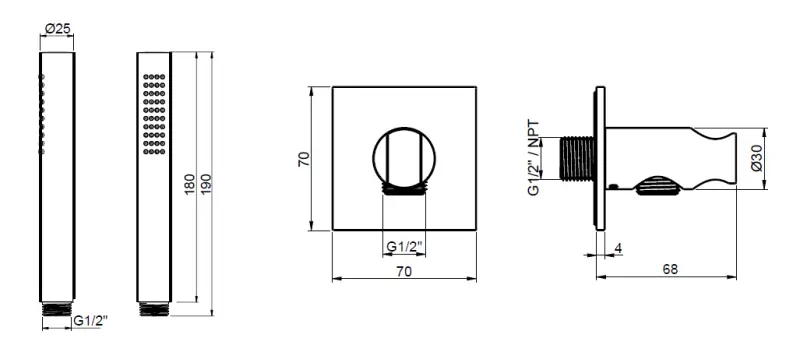 SB 316 Négyszögletes kézi zuhanykészlet tömlővel és akasztóval rozsdamentes acélból.