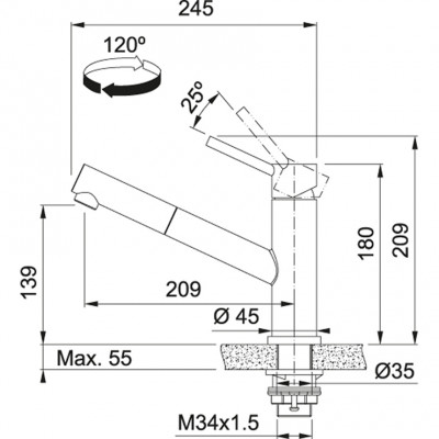 Franke Orbit masszív rozsdamentes acél alacsony konyhai csaptelep kihúzható kifolyóval inox 115.0569.461