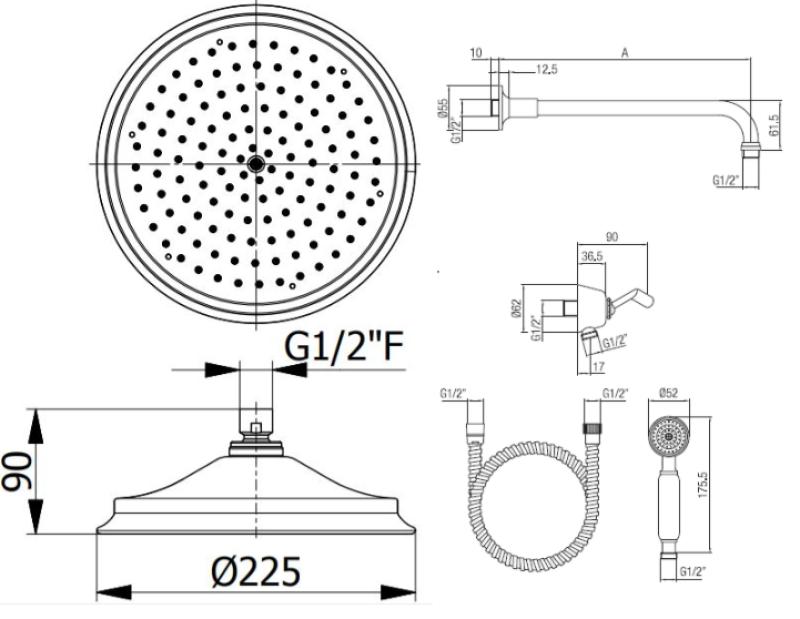 PB klasszikus nosztalgikus klasszikus beépített zuhanyszett króm kézi zuhannyal és 225 mm-es esőzuhannyal 1208953841