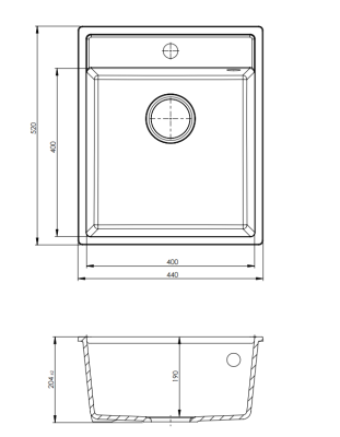 GraniteMy Bremen Gránit Mosogató 44x52 cm Fekete – Felületi, Alsó és Síkbeépítés Rozsdamentes Acél Dugóval és Csaplyukkal 1208953861