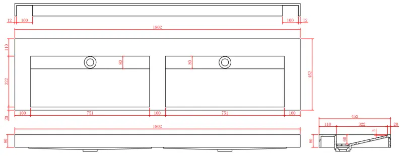 Solid-S Marble dubbele wastafel van solid surface in mat zwart marmer zonder kraangat met solid cover B180xD45xH8 1208953889.