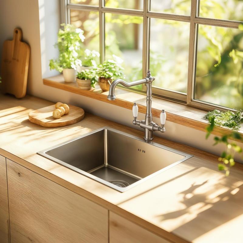 PB Nosztalgikus klasszikus vidéki konyhai csaptelep rozsdamentes acél fehér fogantyúkkal 1208953915