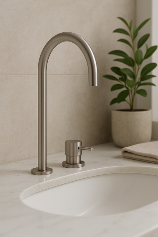 Waterevolution Flow 2 lyukú mosdócsap, teljes egészében rozsdamentes acélból, magas U 200 mm kifolyóval T1122UIE