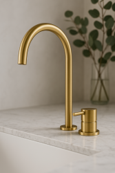 Waterevolution Flow 2-lyukas mosdócsaptelep, kefélt sárgaréz, magas U 200mm kifolyó T1122ULE