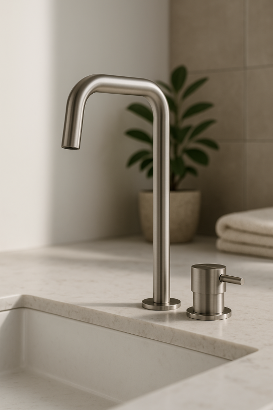 Waterevolution Flow 2-lyukú mosdócsaptelep magas kifolyással 222 rozsdamentes acél T122HIE