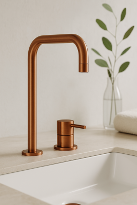 Waterevolution Flow 2-lyukú mosdócsaptelep magas kifolyóval 222 PVD Csiszolt Réz T122HCPE