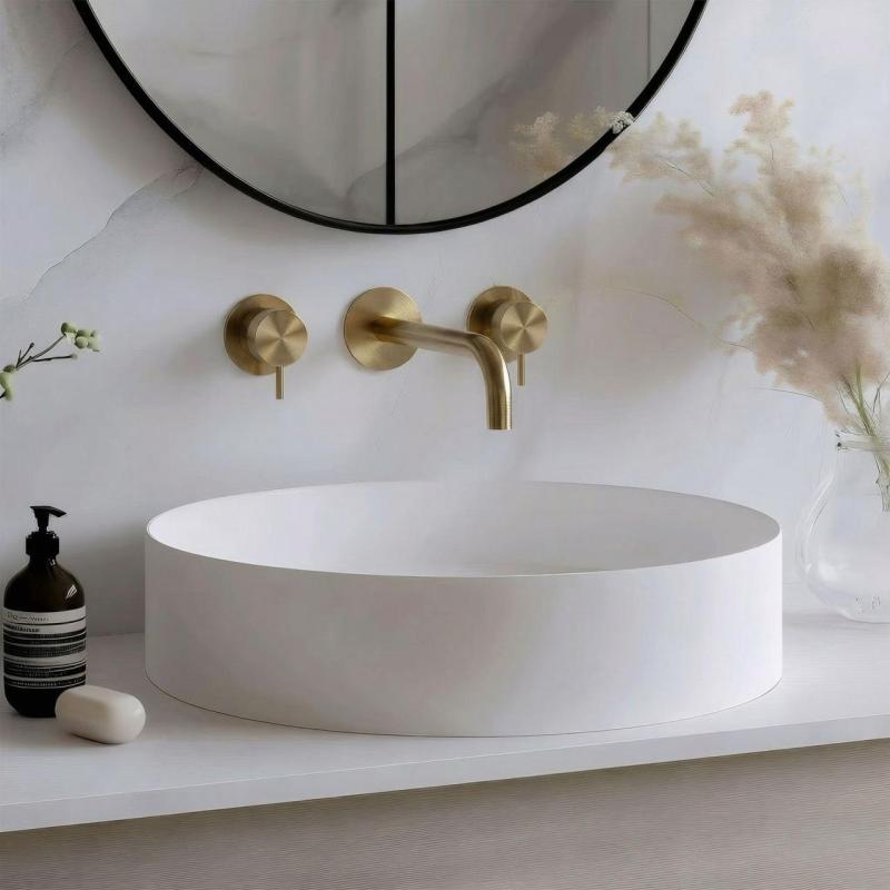 Waterevolution Flow 3-lyukú, beépíthető mosdócsaptelep, csiszolt sárgaréz, 15 cm-es kifolyóval, T1163FLE-15