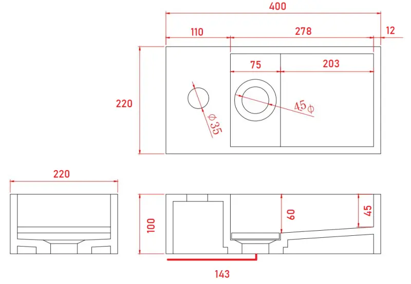 Vast-M Marble masszív felületű mosdókagyló B40xD22xH10cm matt fekete márvány bal oldali csaplyukkal 1208954633