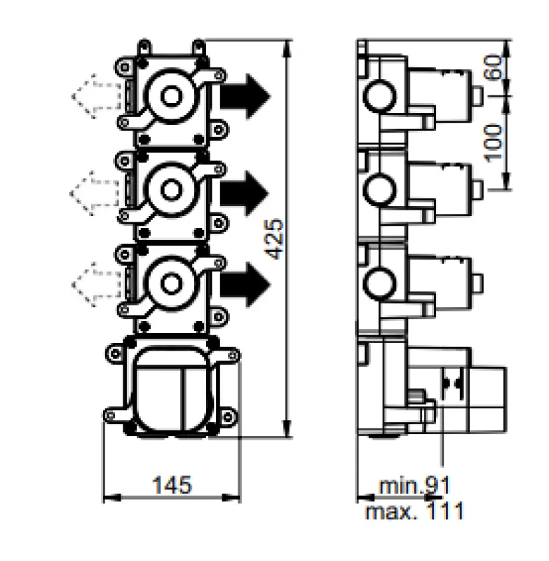 SB AESTHETICS Ronde Inbouwthermostaatkraan met 3 uitgangen/ 3x stopkraan mat zwart 11208954969