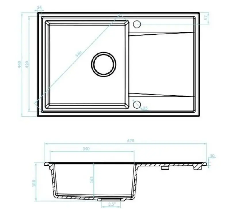 Aquadesign Cesena gránit mosogatótálca csepegtetővel, megfordítható, fekete színben.