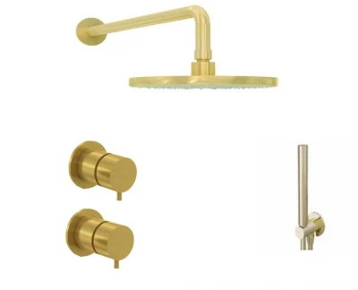Waterevolution Flow inbouw doucheset met thermostaat regendouche en handdouche, geborsteld messing