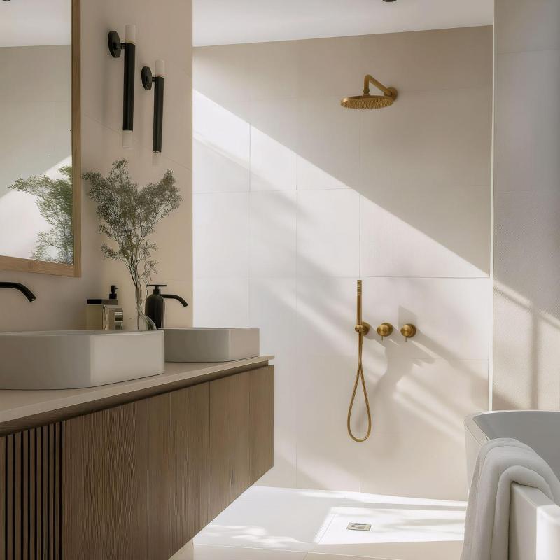 Waterevolution Flow inbouw doucheset met thermostaat regendouche en handdouche, geborsteld messing