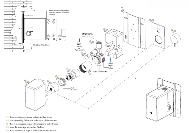 Waterevolution Flow inbouw doucheset met thermostaat regendouche en handdouche, geborsteld messing