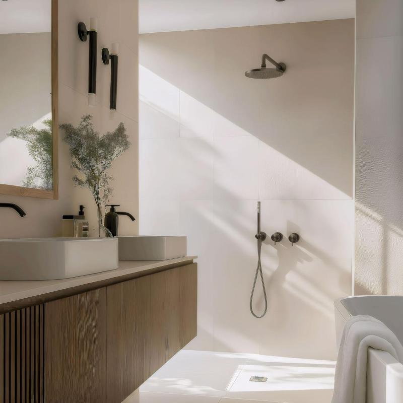 Waterevolution Flow beépített zuhanykészlet termosztáttal, esőzuhannyal és kézi zuhanycsapteleppel, fegyverfémben