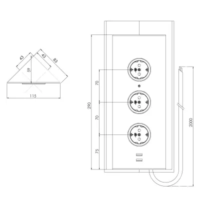 Indux Energiezuil 3ST29 met 3 stopcontacten en 2 USB-aansluitingen RVS