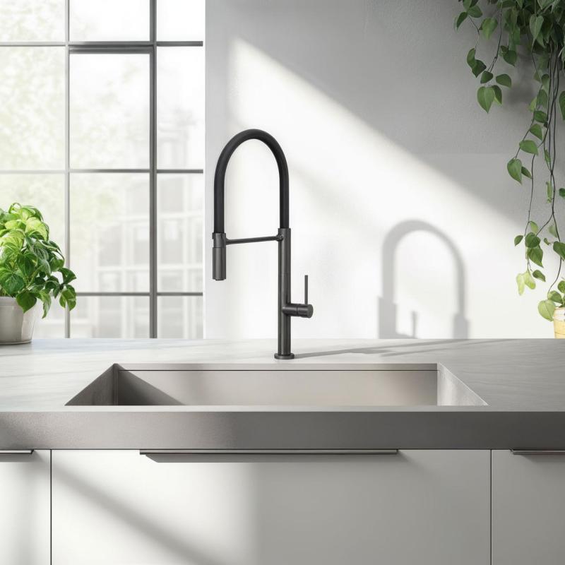 Quadri Brighton konyhai csaptelep gun metal színben, fekete flexibilis kifolyóval 1208956104