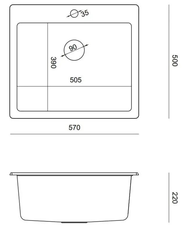 Quadri Sheffield fekete gránit süllyesztett mosogató 57x50cm csapteleppel és réz dugóval 1208956115
