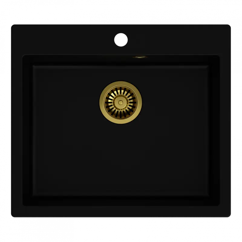 Quadri Sheffield fekete gránit süllyesztett mosogató 57x50cm csaptelephellyel és arany dugóval 1208956116
