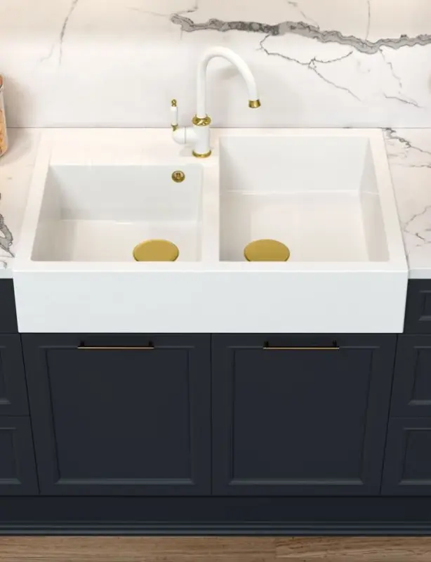 Quadri Minister Kétszeres Mosogató Fehér Vidéki Stílusú Modell 90x62cm Réz Dugóval és Túlfolyóval 1208956329