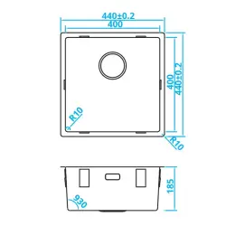 CARESSI Basic Line rozsdamentes acél mosogató 40x40 új, integrált dugóval CABLPP40R10