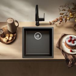 Fekete mosogató 40x40cm alulról épített, felülről épített és síkba épített rozsdamentes acél dugóval 1208956390